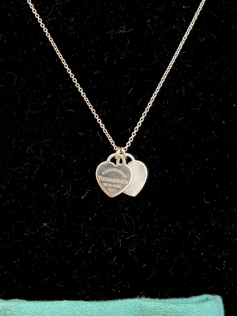 TIFFANY & CO. Sterling Silver Mini Return Tiffany Double Heart Tag Necklace; COA